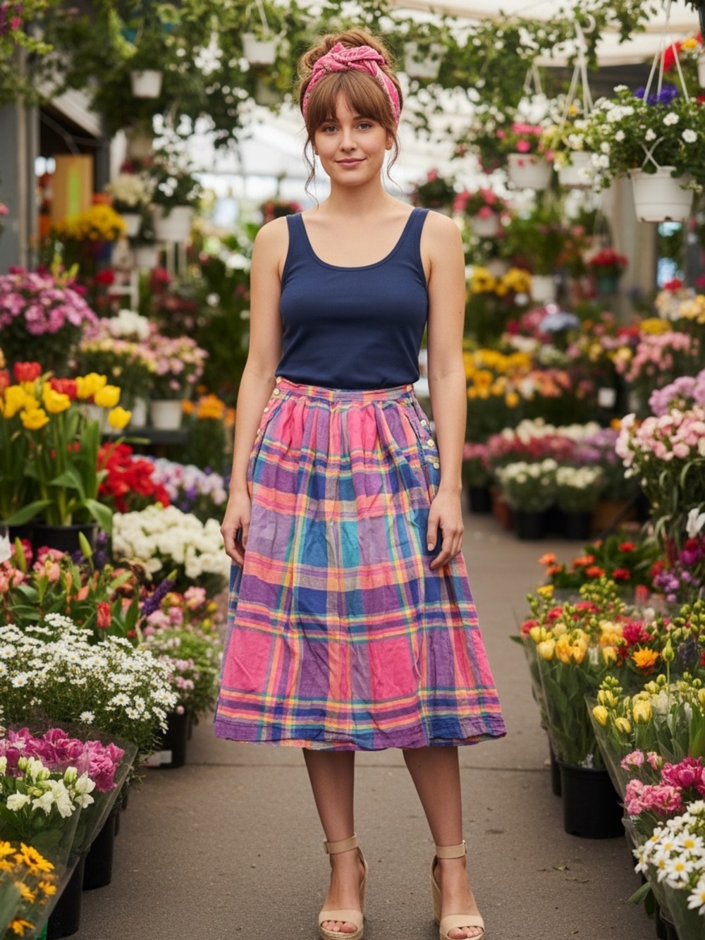 Intentions Vintage Pink Plaid Midi Skirt with Multicolor Stripes